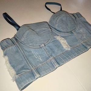 Denim (Size M) Distressed Bustier Crop Top
